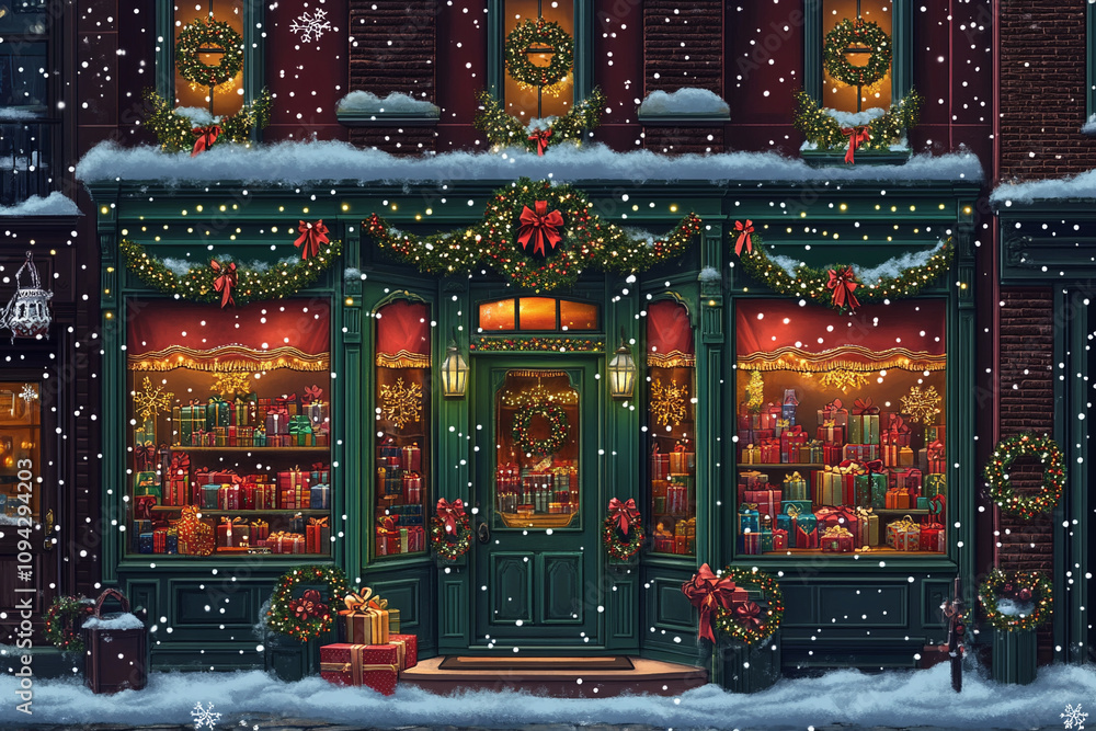 Obraz premium Festive Christmas storefront with twinkling lights and vibrant holiday decorations