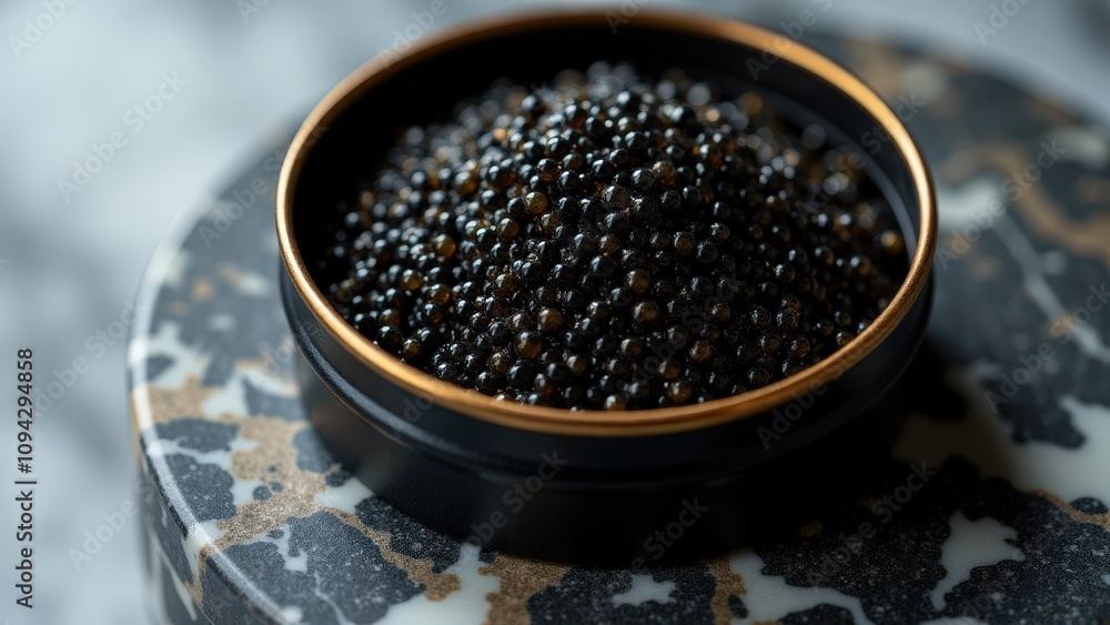 Caviar beluga royal showcased in a sophisticated tin with golden accents, resting on a marble surface illuminated by soft lighting. Caviar beluga royal showcased in a sophisticated tin with golden accents, resting on a marble surface illuminated by soft lighting.