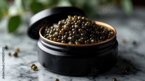 The luxurious iranian beluga caviar displayed in a matte tin on a marble surface, with soft, refined lighting enhancing its elegance.