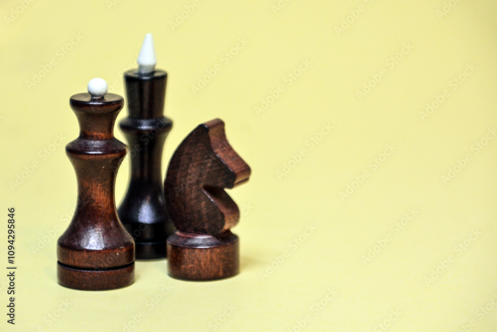 Chess pieces on a plain background. Wooden chess pieces - King, Queen, Queen, Rook, Bishop, Knight, Pawn. Chess world Chess pieces on a plain background. Wooden chess pieces - King, Queen, Queen, Rook, Bishop, Knight, Pawn. Chess world