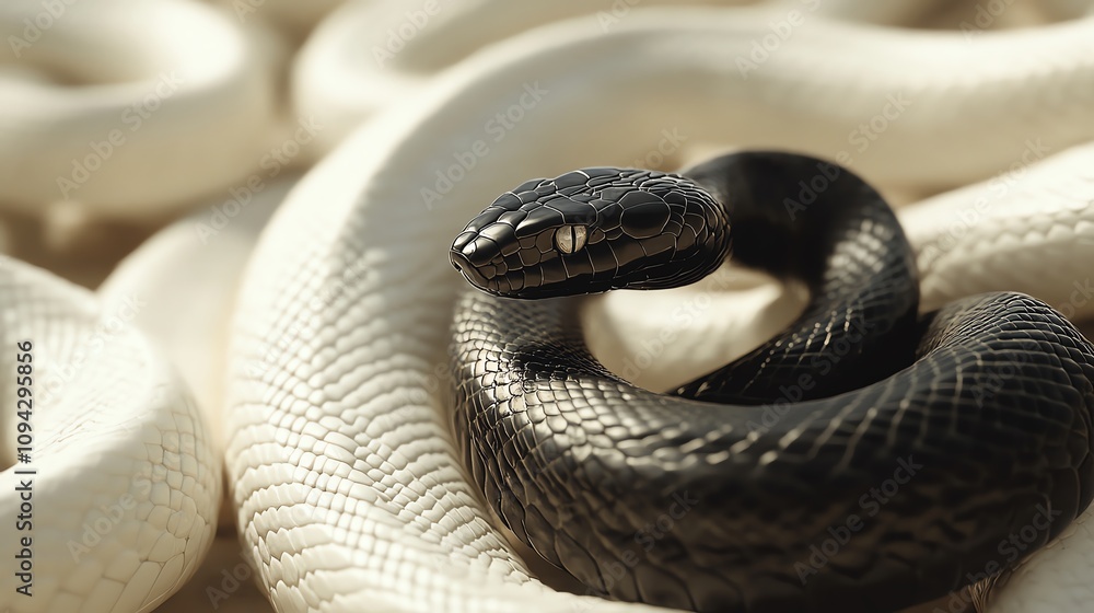 Fototapeta premium A captivating close-up of a black snake among white snakes, showcasing the beauty and diversity of reptile species.