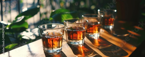 Glasses of whiskey on bar counter with warm lighting