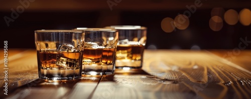 Glasses of whiskey on bar counter with warm lighting