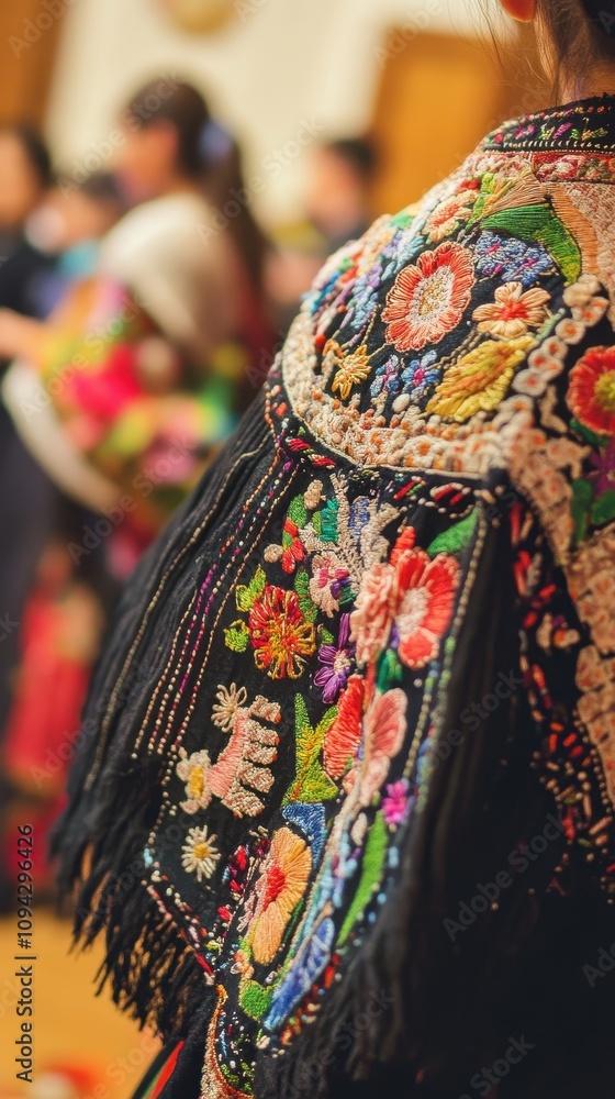 Obraz premium The intricate stitching of a Chilean dress highlights craftsmanship at a lively dance event