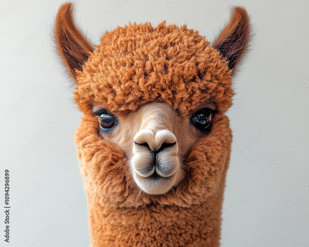 Close-Up Portrait of a Cute Fluffy Alpaca with Adorable Expression and Soft Wool Texture Close-Up Portrait of a Cute Fluffy Alpaca with Adorable Expression and Soft Wool Texture