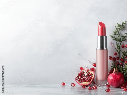 Artistic Display of Lipstick Tube Surrounded by Scattered Pomegranate Seeds and Greenery on a Soft Gray Background for Beauty and Makeup Concepts photo