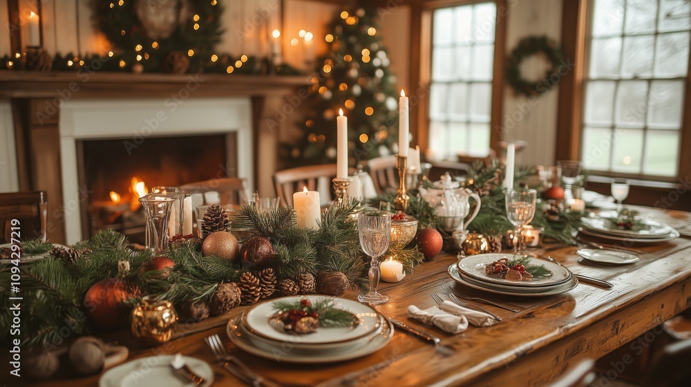 Christmas Feast Cozy Holiday Dining Table with Elegant Decor and Candlelight Christmas Feast Cozy Holiday Dining Table with Elegant Decor and Candlelight