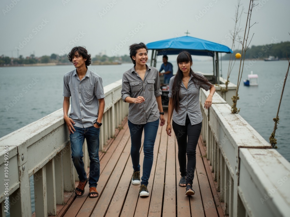 Three Friends Strolling Along a Wooden Pier by the Water on a Cloudy Day in an Outdoor Recreational Area Three Friends Strolling Along a Wooden Pier by the Water on a Cloudy Day in an Outdoor Recreational Area