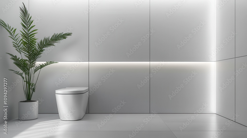 Fototapeta premium A minimalist bathroom featuring a toilet and a decorative plant in a sleek, modern design.