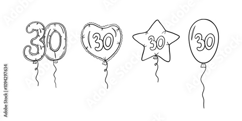 Balloons with number 30 in different shapes in outline style