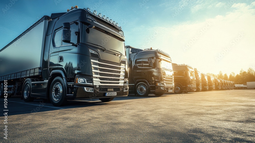 A line of black trucks parked in a lot during sunset, showcasing industrial transport. A line of black trucks parked in a lot during sunset, showcasing industrial transport.