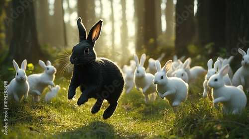 A black rabbit joyfully leaps through a forest, surrounded by curious white rabbits in a serene natural setting. photo