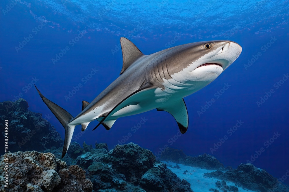 Obraz premium Incredible Hammerhead Shark Showcasing Distinctive Characteristics in Vibrant Underwater Habitat