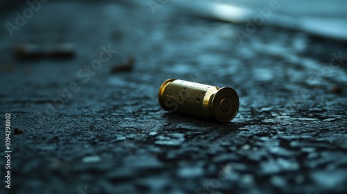 A single bullet casing on a deserted street, Reflecting violence and gun control issues, minimalistic composition