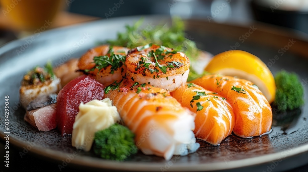 A delectable platter of fresh sushi featuring assorted fish, garnished with herbs and served with lemon on a dark plate. A delectable platter of fresh sushi featuring assorted fish, garnished with herbs and served with lemon on a dark plate.