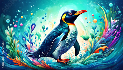 Vibrant illustration of a majestic penguin amidst swirling, colorful abstract waves and flora.  Perfect for branding, websites, or children's books. photo