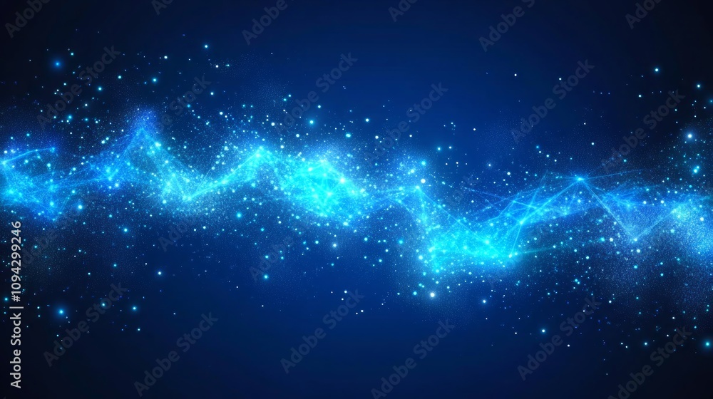Fototapeta premium Abstract blue wave with glowing particles on dark background.