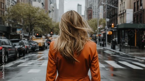 Woman Walking City Street Autumn Fashion Back View