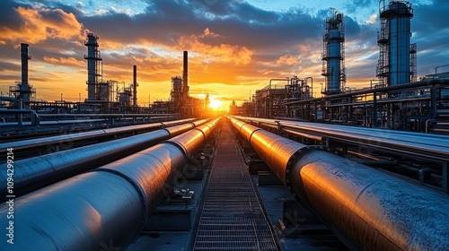 Industrial Refinery Sunset View with Steel Pipelines and Towers in Oil and Gas Production