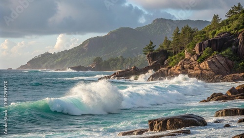 Waves crashing against a rocky coastline in Seychelles, Indian Ocean, ocean wave, rugged shoreline
