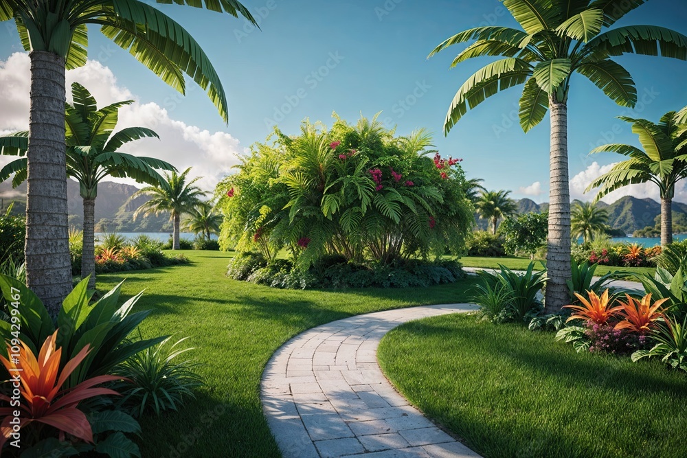 Fototapeta premium Lush Tropical Foliage in Picturesque Grass Landscape 3D Visualization