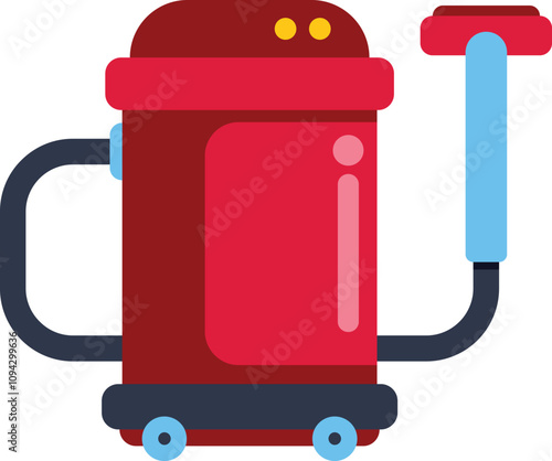 Illustration of a red vacuum cleaner with wheels, an extension hose, and a cleaning attachment