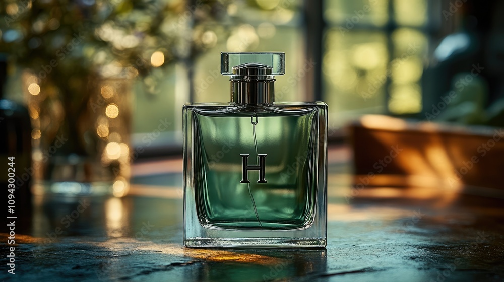 A stylish perfume bottle with a green tint, set against a softly lit background. A stylish perfume bottle with a green tint, set against a softly lit background.