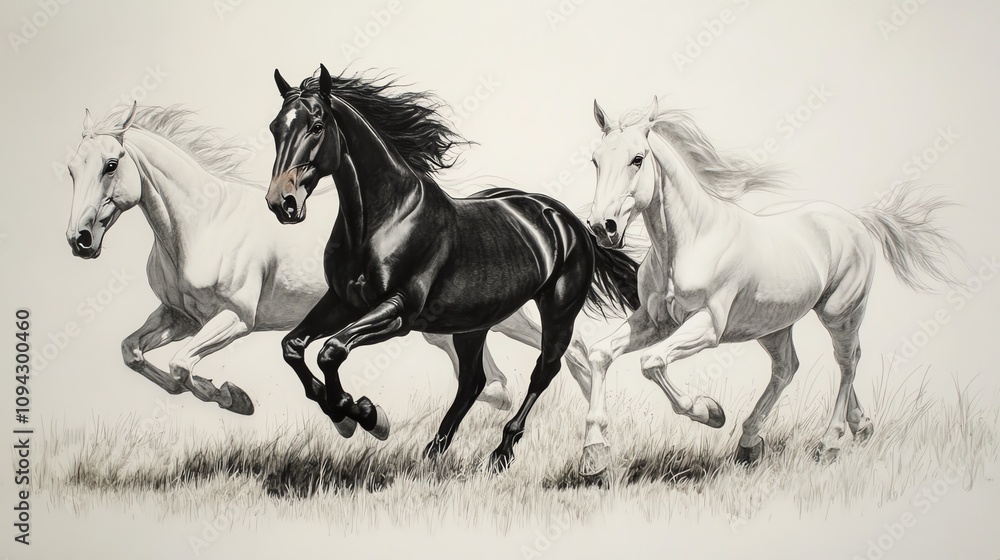 A beautiful scene featuring a majestic black horse running alongside two white horses in a lush green field. A beautiful scene featuring a majestic black horse running alongside two white horses in a lush green field.