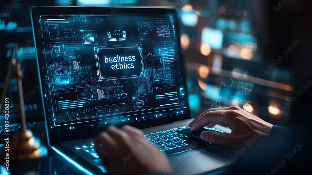 Businessman typing on a laptop with a graphic of ethics on laptop screen Businessman typing on a laptop with a graphic of ethics on laptop screen