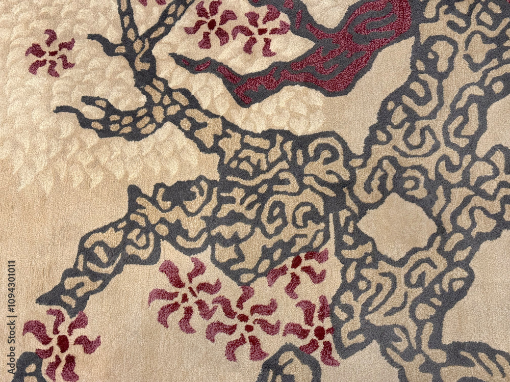 Random texture of custom bespoke carpet rug design, in various bird, trees, branches, flower, and wavy pattern. Beige, red, and gold color. Luxurious seamless background carpet texture. Random texture of custom bespoke carpet rug design, in various bird, trees, branches, flower, and wavy pattern. Beige, red, and gold color. Luxurious seamless background carpet texture.