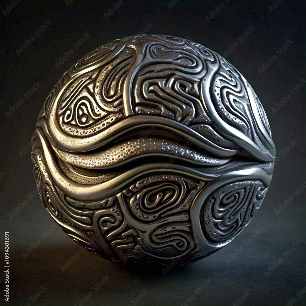 A metallic sphere adorned with intricate swirling patterns A metallic sphere adorned with intricate swirling patterns
