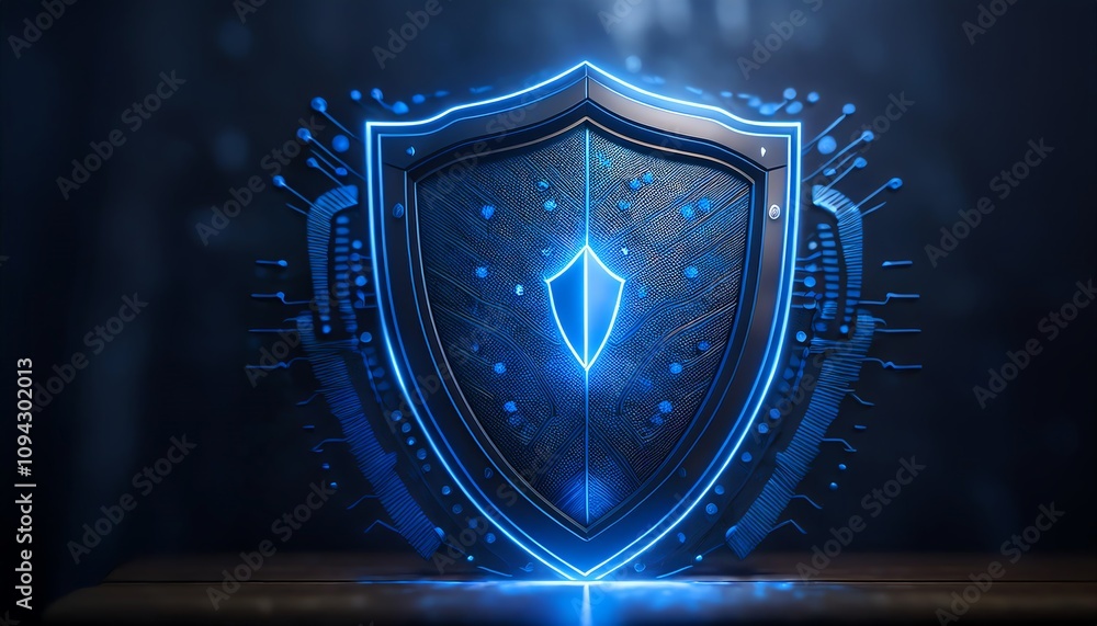 Fototapeta premium A glowing blue shield with intricate patterns, symbolizing protection and security in a digital context.