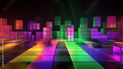 Abstract colorful glowing cubes and tiles on dark background.