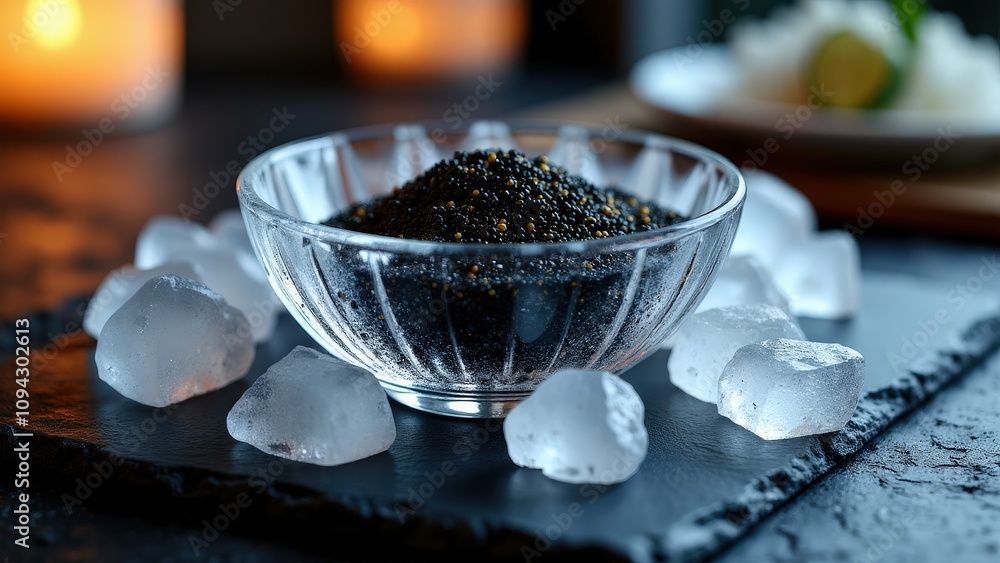 Iranian beluga caviar resting in a clear dish surrounded by ice on a slate tray, captured with soft lighting for a contemporary and elegant look. Iranian beluga caviar resting in a clear dish surrounded by ice on a slate tray, captured with soft lighting for a contemporary and elegant look.