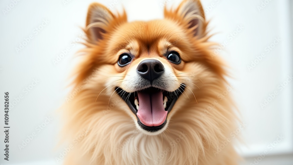 白い背景にご主人の顔を見て嬉しがるポメラニアン