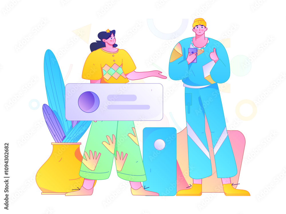 Obraz premium Virtual characters social communication concept business flat vector hand drawn illustration 