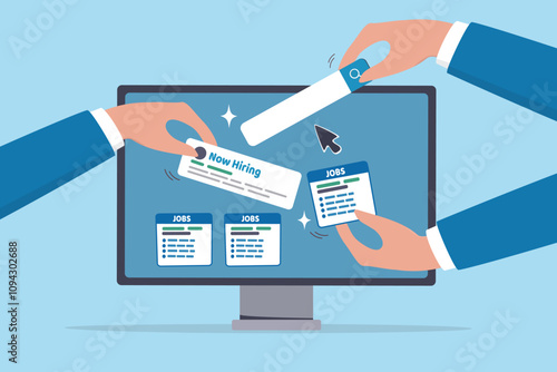 Job posting on recruitment website, employment or career opportunity online, HR or human resource offer help wanted or hiring position vacancy, HR hand posting job vacancy on online career website.