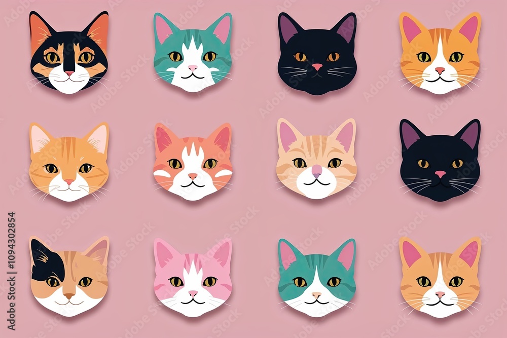 Charming Cat Head Icons Delightful Flat Illustrations of Diverse Feline Breeds in Bright Pastel Colors Charming Cat Head Icons Delightful Flat Illustrations of Diverse Feline Breeds in Bright Pastel Colors