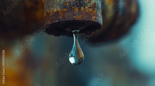 A single drop of water hanging from a rusty tap, Reflecting water scarcity and resource depletion, minimalistic composition photo