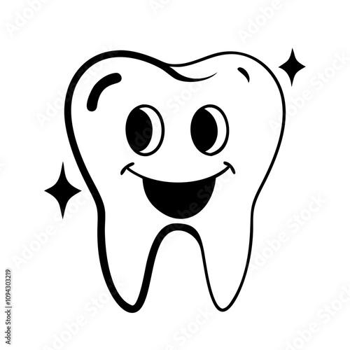 Happy tooth character icon in black silhouette for dental awareness