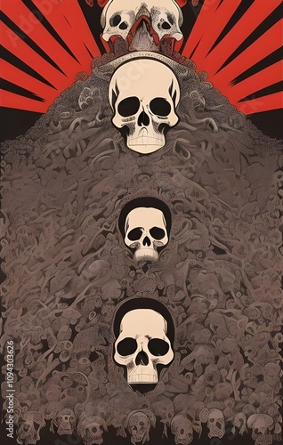 illustration of 1970s vintage gig poster featuring a pile of skulls, skeleton, death, evil, death metal, heavy metal, gig poster, halloween, concert poster, morbid, eerie, haunting, macabre, retro