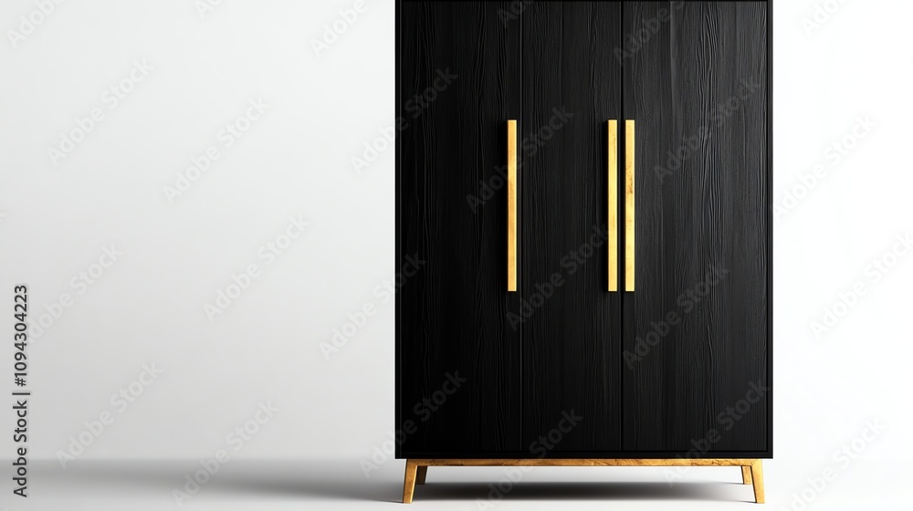 Modern black cabinet with golden handles, minimalistic design, white isolate background. Modern black cabinet with golden handles, minimalistic design, white isolate background.