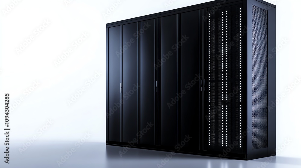 Modern black server rack on a white isolated background Modern black server rack on a white isolated background