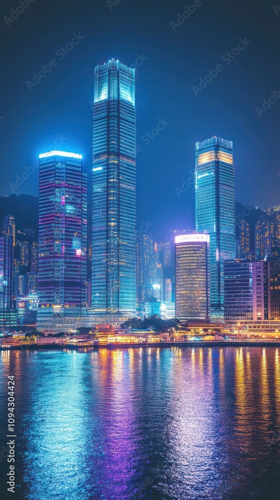 Fototapeta premium A vibrant city skyline illuminated at night, reflecting on water.