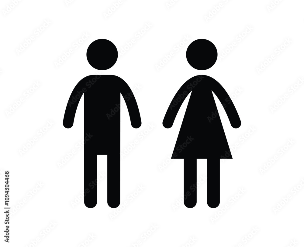 Man and woman restroom icon isolated on white background. Symbol silhouette male and female. WC toilet icon trendy flat style. Toilet sign, pictogram. Black and white. Man and woman restroom icon isolated on white background. Symbol silhouette male and female. WC toilet icon trendy flat style. Toilet sign, pictogram. Black and white.