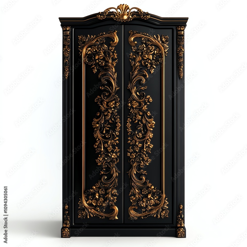 Ornate black cabinet with gold detailing, isolated on white background. Ornate black cabinet with gold detailing, isolated on white background.