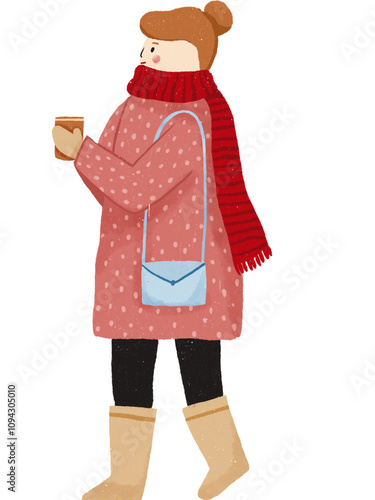 a woman in winter clothes bring a cup of hot chocolatte illustration