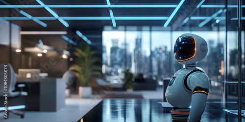 Wallpaper Mural Futuristic Office Assistant: A sleek, humanoid robot stands in a modern, glass-walled office overlooking a sprawling cityscape.  The image evokes a sense of technological advancement and efficiency.  Torontodigital.ca