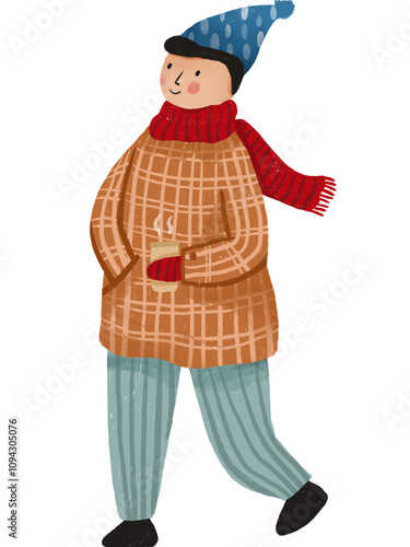 Man in winter clothes walking and holding cup of cofee illustration
