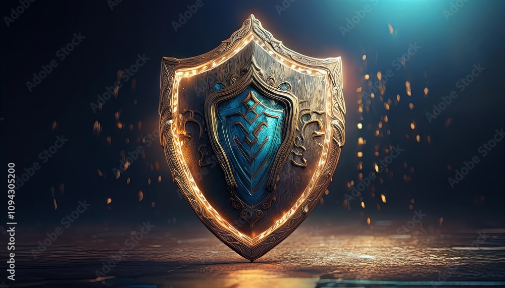 Fototapeta premium A glowing, ornate shield with intricate designs, set against a dim backdrop, symbolizing protection and strength.